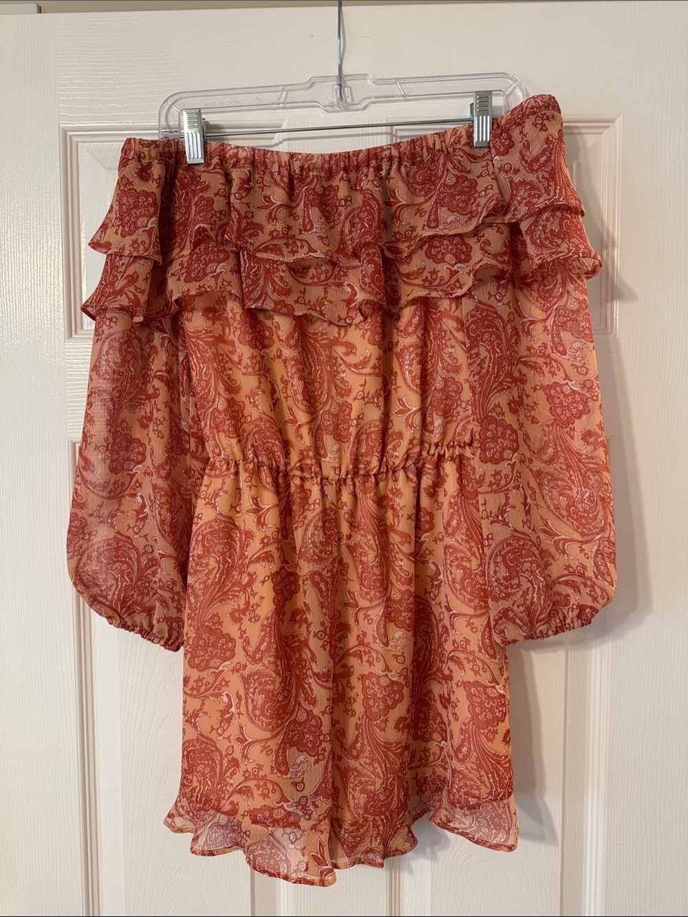 Off-the-Shoulder Paisley Ruffle Mini Romper - Rust & Peach - Picture 2 of 2